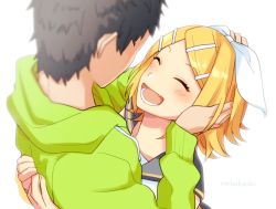 Rule 34 | 1boy, 1girl, hug, artist name, black collar, black hair, blonde hair, bloom, bow, collar, commentary, facing another, fang, green hoodie, hair bow, hair ornament, hairclip, hand on another&#039;s head, happy, hood, hoodie, kagamine rin, master (vocaloid), nail polish, nokuhashi, open mouth, sailor collar, shirt, short hair, smile, swept bangs, vocaloid, white background, white bow, white shirt, yellow nails