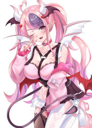 Rule 34 | 1girl, ahoge, blush, breasts, choker, cleavage, collarbone, commentary, demon girl, demon horns, demon tail, fang, hair ornament, heart, heart ahoge, heart hair ornament, heart o-ring, highres, horns, ironmouse, ironmouse (13th costume), jacket, long hair, long sleeves, looking at viewer, multicolored hair, off shoulder, one eye closed, open clothes, open jacket, open mouth, pink choker, pink eyes, pink hair, pointy ears, purple hair, skirt, smile, solo, standing, standing on one leg, strap, streaked hair, tail, twintails, uyufuzi s, very long hair, virtual youtuber, vshojo, white background, wings