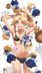 Rule 34 | 1girl, ;d, armpits, arms behind head, arms up, artoria pendragon (all), artoria pendragon (alter swimsuit rider) (fate), artoria pendragon (fate), bare shoulders, bikini, black bikini, blonde hair, braid, breasts, collarbone, commentary request, fate/apocrypha, fate/stay night, fate (series), french braid, green eyes, highres, jewelry, long hair, looking at viewer, maid, mordred (fate), mordred (fate/apocrypha), necklace, one eye closed, open mouth, parted bangs, ponytail, saber (fate), saber alter, saber lily, saber lion, sidelocks, small breasts, smile, stuffed toy, swimsuit, tonee