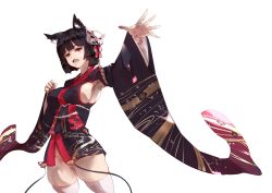 Rule 34 | 1girl, :d, agovitch, animal ears, armpits, azur lane, bad id, bad pixiv id, bell, black hair, blush, breasts, clenched hand, covered erect nipples, cowboy shot, fang, floral print, furisode, groin, hair ornament, head tilt, highres, japanese clothes, jingle bell, kimono, kimono skirt, large breasts, long sleeves, looking at viewer, no panties, open mouth, outstretched arm, short hair, simple background, skindentation, smile, solo, thighhighs, white background, white thighhighs, yamashiro (azur lane)