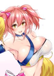 Rule 34 | 10s, 1girl, arm up, armpits, bare shoulders, blush, bow, breasts, cheerleader, choker, cleavage, collarbone, commentary request, elbow gloves, eyelashes, gloves, hair bow, highres, idolmaster, idolmaster cinderella girls, jougasaki mika, large breasts, looking at viewer, looking to the side, midriff, navel, open mouth, pink hair, pom pom (cheerleading), sankakusui, shiny skin, sidelocks, simple background, skindentation, smile, solo, strapless, sweat, tube top, twintails, white background, yellow eyes