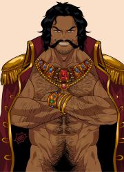 Rule 34 | 1boy, abs, alternate body hair, arm hair, bara, beard, beard stubble, black hair, bracelet, chest hair, coat, coat on shoulders, cowboy shot, crossed arms, dark-skinned male, dark skin, facial hair, gol d. roger, gold, grin, hairy, highres, jewelry, kiito (kiitoillust), large pectorals, long mustache, looking at viewer, male focus, male pubic hair, mature male, muscular, muscular male, mustache, naked coat, navel, navel hair, nipples, one piece, out-of-frame censoring, pectorals, pirate, pubic hair, short hair, smile, solo, stomach, straight-on, stubble, thick eyebrows