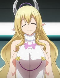 Rule 34 | 10s, 1girl, ^ ^, bare shoulders, blonde hair, breasts, closed eyes, demon girl, female focus, fur trim, hair between eyes, halterneck, happy, highres, horns, large breasts, liala, light smile, long hair, naked tabard, no bra, parted bangs, pointy ears, screencap, shinmai maou no testament, sideboob, sidelocks, smile, solo, stitched, tabard, third-party edit, turtleneck, upper body, very long hair, wavy hair