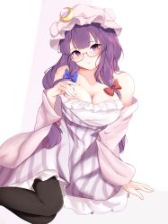 Rule 34 | 1girl, bare shoulders, bespectacled, black pantyhose, blue bow, blunt bangs, bow, breasts, cleavage, collarbone, commentary, crescent, crescent hat ornament, dress, glasses, hair bow, hat, hat ornament, highres, large breasts, long hair, looking at viewer, mob cap, orchid (orukido), pantyhose, patchouli knowledge, purple eyes, purple hair, red-framed eyewear, red bow, robe, simple background, solo, striped clothes, striped dress, touhou, very long hair, wide sleeves