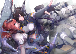 Rule 34 | 2girls, aircraft, airplane, black hair, blue eyes, blush, breast pocket, breasts, brown hair, cannon, commentary request, dress, elbow gloves, flight deck, gloves, hair between eyes, hair ornament, headgear, highres, kantai collection, large breasts, long hair, looking at viewer, multiple girls, nagato (kancolle), neckerchief, open mouth, partially fingerless gloves, pin.s, pocket, ponytail, rigging, saratoga (kancolle), side ponytail, sidelocks, signature, smile, smokestack, thighhighs, turret, white dress