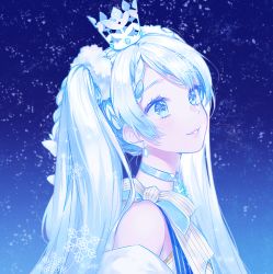 Rule 34 | 1girl, blue background, blue eyes, choker, crown, earrings, from side, hair ornament, hatsune miku, highres, jewelry, long hair, looking up, mini crown, parted lips, portrait, ribbon, silver hair, smile, snowflakes, snowing, solo, striped ribbon, sudach koppe, twintails, very long hair, vocaloid, yuki miku, yuki miku (2019) (candidate no.4)
