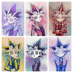 Rule 34 | 2boys, chiinosuke, commentary request, crossed arms, hand on own chin, highres, jacket, looking at viewer, looking to the side, male focus, medium hair, multicolored hair, multiple boys, muto yugi, nervous, open clothes, open jacket, sweat, upper body, yami yugi, yu-gi-oh!, yu-gi-oh! duel monsters