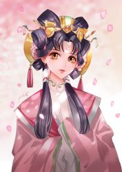 1girl absurdres black_hair brown_eyes chinese_clothes dated earrings facial_mark forehead_mark hair_ornament hair_rings hair_stick hair_tubes heart heart_earrings highres jewelry kou_shuurei lipstick long_hair looking_at_viewer makeup petals saiunkoku_monogatari solo wide_sleeves yukmomo