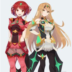 Rule 34 | 2girls, bare shoulders, black gloves, black legwear, blonde hair, bob cut, breasts, chest jewel, djames, dress, earrings, elbow gloves, fingerless gloves, gem, gloves, headpiece, highres, jewelry, large breasts, long hair, looking at viewer, multiple girls, mythra (massive melee) (xenoblade), mythra (xenoblade), nintendo, pantyhose, pantyhose under shorts, pyra (xenoblade), red eyes, red hair, red legwear, red shorts, short dress, short hair, short shorts, shorts, super smash bros., swept bangs, thigh strap, thighhighs, tiara, very long hair, white dress, white gloves, xenoblade chronicles (series), xenoblade chronicles 2, yellow eyes