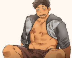 Rule 34 | 1boy, abs, bad id, bad pixiv id, bara, black eyes, black hair, blush, feet out of frame, hood, hoodie, large pectorals, male focus, muscular, navel, nipples, open clothes, open hoodie, open mouth, original, pectorals, sagami jon, short hair, shorts, simple background, solo, sweatdrop, thighs