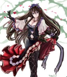 Rule 34 | 10s, 1girl, asymmetrical clothes, black gloves, breasts, brown hair, cleavage, dagger, dress, fishnet thighhighs, fishnets, flower, gem, gloves, granblue fantasy, hair flower, hair ornament, highres, jewelry, kameneko, knife, large breasts, long hair, navel, necklace, off shoulder, petals, purple eyes, red gemstone, rose, rose petals, rosetta (granblue fantasy), smile, solo, thighhighs, very long hair, weapon