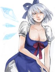 Rule 34 | 1girl, bad id, bad pixiv id, blue eyes, blue hair, bow, breasts, cirno, cleavage, large breasts, matching hair/eyes, mishima ssuru, aged up, short hair, solo, touhou, wings