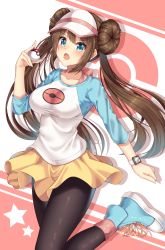Rule 34 | 1girl, absurdres, amagi korona, black pantyhose, blue eyes, blush, bow, breasts, brown hair, commentary request, creatures (company), double bun, game freak, hair bun, highres, holding, holding poke ball, leg up, long hair, looking at viewer, nintendo, open mouth, pantyhose, pantyhose under shorts, pink bow, poke ball, pokemon, pokemon bw2, raglan sleeves, rosa (pokemon), shirt, shoes, short shorts, shorts, sneakers, solo, star (symbol), tongue, twintails, very long hair, visor cap, yellow shorts
