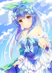 Rule 34 | 1girl, bad id, bad pixiv id, bare shoulders, blue hair, blush, breasts, cleavage, collarbone, day, dress, flower, gem, hair flower, hair ornament, jewelry, long hair, looking at viewer, medium breasts, original, outdoors, outstretched arm, ponytail, princess, purple eyes, sky, smile, solo, tiara, yukiuta sahiro