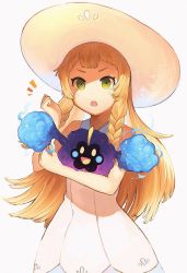 Rule 34 | &gt;:o, 1girl, :o, bare arms, blonde hair, blunt bangs, braid, collared dress, cosmog, creatures (company), dress, game freak, gen 7 pokemon, green eyes, hat, highres, legendary pokemon, lillie (pokemon), long hair, nintendo, open mouth, pokemon, pokemon (creature), pokemon sm, shiba inu (happy13227), simple background, sleeveless, sleeveless dress, sun hat, sundress, twin braids, v-shaped eyebrows, white background, white dress, white hat
