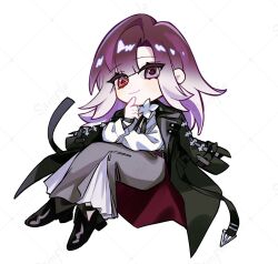 Rule 34 | 1girl, black coat, black footwear, closed mouth, coat, coat on shoulders, commentary request, flower, full body, gradient hair, grey skirt, heterochromia, highres, isakuu, long hair, long sleeves, looking at viewer, multicolored hair, path to nowhere, purple eyes, purple hair, red eyes, shalom (path to nowhere), shirt, simple background, skirt, smile, solo, white background, white flower, white hair, white shirt