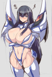 Rule 34 | 1girl, arms under breasts, black hair, blue eyes, blush, boots, breasts, bursting breasts, cleavage, crossed arms, curvy, gloves, high heel boots, high heels, highres, huge breasts, kill la kill, kiryuuin satsuki, long hair, looking at viewer, namae ga kimaranai man, rururu82010664, shiny skin, simple background, solo, standing, sweat, thick eyebrows, thick thighs, thighhighs, thighs, wide hips