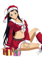Rule 34 | 00s, 1girl, belt, black hair, blue eyes, boots, bow, box, breasts, cleavage, collarbone, earrings, front-tie top, gift, gift box, hat, ikkitousen, jewelry, kakouen myousai, large breasts, long hair, magatama, magatama earrings, midriff, navel, red bow, red hat, red skirt, ribbon, santa boots, santa costume, santa hat, simple background, sitting, skirt, solo, white background, white ribbon