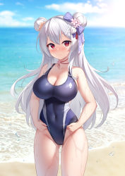 Rule 34 | 1girl, absurdres, beach, breasts, cleavage, commentary, covered navel, cowboy shot, day, english commentary, gluteal fold, groin, highleg, highleg swimsuit, highres, large breasts, long hair, niliu chahui, ocean, one-piece swimsuit, outdoors, solo, standing, swimsuit, tokisaki mio (niliu chahui), very long hair, wet