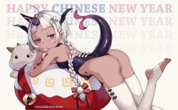 Rule 34 | 1girl, :&lt;, ass, bare arms, bare shoulders, bell, braid, breasts, censored, chinese clothes, chinese zodiac, commentary, dragon girl, dragon horns, dragon tail, dudou, english commentary, from side, grey background, grey hair, horns, jingle bell, leg up, liclac, long hair, mosaic censoring, nail polish, no shoes, original, parted lips, purple eyes, pussy, red nails, simple background, single braid, small breasts, solo, stirrup legwear, striped clothes, striped thighhighs, tail, thighhighs, toeless legwear, triangle mouth, v-shaped eyebrows, very long hair, white thighhighs, year of the dragon