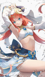 Rule 34 | 1girl, aqua eyes, arabian clothes, arm up, armpits, blue gemstone, breasts, brooch, circlet, closed mouth, dancer, fake horns, forehead jewel, gem, genshin impact, gold choker, harem outfit, highres, horns, jewelry, long hair, looking at viewer, navel, nilou (genshin impact), red hair, small breasts, smile, solo, standing, standing on one leg, thighlet, veil, white background, white headdress, white sleeves, y.i. (lave2217)