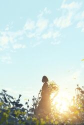 Rule 34 | 1girl, arms at sides, blue sky, bush, cloud, cloudy sky, dress, facing away, falling leaves, from behind, highres, leaf, lens flare, long dress, morning, nature, original, outdoors, plant, scenery, short hair, signature, silhouette, sky, skyrick9413, solo, sunrise, wide shot
