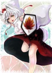 Rule 34 | 1girl, abstract background, animal ears, breasts, chromatic aberration, cowboy shot, detached sleeves, hat, highres, inubashiri momiji, leaf, leaf background, leaning forward, looking at viewer, maple leaf, minorinashi, open mouth, pom pom (clothes), red skirt, shield, shirt, silver hair, skirt, solo, standing, standing on one leg, tail, tassel, tokin hat, touhou, turtleneck, upskirt, white shirt, wolf ears, wolf tail, yellow eyes