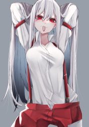 Rule 34 | 1girl, armband, arms behind head, arms up, breasts, closed mouth, collarbone, collared shirt, contrapposto, cowboy shot, duplicate, expressionless, grey background, hair between eyes, hair down, hands in hair, highres, juliet sleeves, long hair, long sleeves, looking at viewer, medium breasts, mouth hold, pants, puffy sleeves, red eyes, red pants, shirt, simple background, solo, standing, straight hair, suspenders, touhou, tsune (tune), very long hair, white hair, white shirt