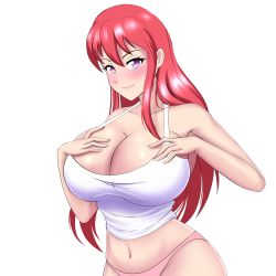Rule 34 | 1girl, absurdres, artist name, ass, blush, breasts, cleavage, collarbone, hands on own chest, highres, huge breasts, long hair, looking at viewer, mangakay, midriff, navel, original, panties, pink panties, purple eyes, red hair, self-upload, shirt, smile, solo, standing, tank top, thong, underwear, white background, white shirt