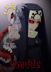 Rule 34 | 1girl, black sclera, blonde hair, character name, colored sclera, cross, double (skullgirls), female focus, habit, highres, jewelry, monster, necklace, nun, open mouth, red eyes, skullgirls, smile, solo, teeth