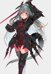 Rule 34 | 1girl, aqua eyes, armor, bad id, bad twitter id, blush, breasts, character request, highres, long hair, looking at viewer, parted lips, rapier, silver hair, smile, solo, standing, sword, tail, thighhighs, unkq, weapon