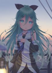Rule 34 | 1girl, :o, black ribbon, black serafuku, blue neckerchief, commentary request, detached sleeves, fence, gradient background, green eyes, green hair, hair between eyes, hair ornament, hair ribbon, hairclip, hand on own chest, hane yoshiyumi, highres, kantai collection, lamp, long hair, looking at viewer, neckerchief, ocean, oil lamp, open mouth, parted bangs, ribbon, school uniform, serafuku, yamakaze (kancolle)