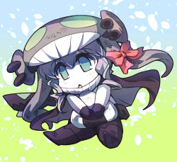 Rule 34 | 1girl, abyssal ship, bodysuit, chibi, cloak, commentary request, food-themed pillow, full body, gloves, green background, green eyes, grey hair, hair ribbon, hat, hisahiko, kantai collection, long hair, hugging object, open mouth, pale skin, pillow, pillow hug, red skirt, ribbon, ro-class destroyer, skirt, tentacles, triangle mouth, wo-class aircraft carrier