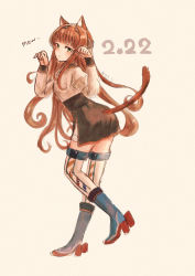 Rule 34 | 1girl, animal ears, beige background, black skirt, blunt bangs, brown hair, cat day, cat ears, cat girl, cat tail, commentary request, full body, green eyes, helena (kancolle), helena kai (kancolle), highres, kantai collection, kemonomimi mode, long hair, looking at viewer, military, military uniform, paw pose, rudder footwear, simple background, skirt, solo, striped clothes, striped thighhighs, tail, thighhighs, uniform, wss (nicoseiga19993411)