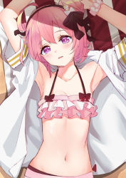 Rule 34 | absurdres, ahoge, amco, armpits, arms up, azur lane, bikini, black bow, black hairband, bow, collarbone, commentary request, frilled bikini, frills, hair between eyes, hairband, highres, jacket, looking at viewer, lying, navel, on back, open clothes, open jacket, parted lips, pink hair, purple eyes, saratoga (azur lane), saratoga (seven seas of rest) (azur lane), scrunchie, short hair, short sleeves, stomach, swimsuit, white jacket, white scrunchie, wrist scrunchie