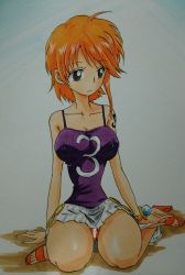 Rule 34 | 1girl, absurdres, arm support, ashigaki radar, bar censor, blue background, blush, bracelet, breasts, brown eyes, censored, cleavage, clothes writing, collarbone, grey background, highres, jewelry, kneeling, large breasts, looking down, nami (one piece), no panties, one piece, orange footwear, purple shirt, pussy, red hair, sandals, shirt, short hair, shoulder tattoo, skirt, tank top, tattoo, two-tone background, white skirt