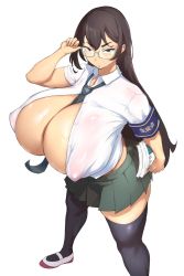 Rule 34 | 1girl, adjusting eyewear, armband, between breasts, black eyes, black hair, breasts, cleavage, covered erect nipples, glasses, highres, holding, holding paper, huge breasts, long hair, looking at viewer, midriff, necktie, necktie between breasts, no bra, open clothes, open shirt, original, ozaki (psyozaki), paper, school uniform, solo, standing, thighhighs, thighs, white uniform