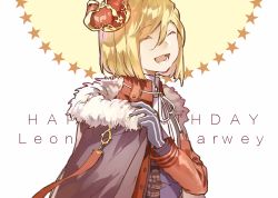 Rule 34 | 1boy, ^ ^, blonde hair, cape, closed eyes, crown, eyelashes, closed eyes, fate/extra, fate (series), gloves, happy, happy birthday, highres, leonard bistario harway, long hair, male focus, redoxhn, solo