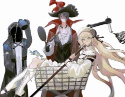 Rule 34 | 1boy, 1girl, 1other, animal ears, arknights, bird, black vest, blonde hair, brown hair, doctor (arknights), dress, expressionless, frying pan, highres, horns, in shopping cart, kettle, long hair, looking at viewer, nightingale (arknights), phantom (arknights), phantom (focus) (arknights), shopping cart, sorairo no sora, staff, very long hair, vest, white dress