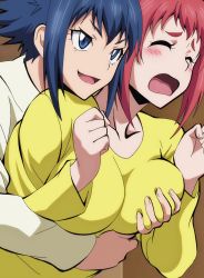 Rule 34 | 10s, 2girls, absurdres, bathrobe, blue eyes, blue hair, grabbing another&#039;s breast, breasts, embarrassed, closed eyes, female focus, grabbing, grabbing from behind, highres, keijo!!!!!!!!, large breasts, multiple girls, open mouth, red hair, rokudo rin, short hair, shy, smile, stitched, sweater, talking, third-party edit, toyoguchi non, yellow sweater, yuri