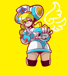 Rule 34 | 1girl, android, bent over, blonde hair, capcom, cinnamon (mega man), finger to cheek, gloves, hakushin, looking at viewer, looking back, lowres, miniskirt, nurse, mega man (series), mega man x (series), mega man x: command mission, skirt, solo, white gloves, yellow background
