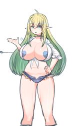 Rule 34 | 1girl, absurdres, ahoge, blonde hair, breasts, choker, denim, denim shorts, elf, elven forest maker, elven forest maker (last origin), green eyes, heart pasties, highleg shorts, highres, huge breasts, inverted nipples, last origin, long hair, micro shorts, navel, no bra, open mouth, pasties, pointy ears, revealing clothes, shirt, short shorts, shorts, simple background, solo, standing, symbol-shaped pupils, tied shirt, user erkx2328, white background