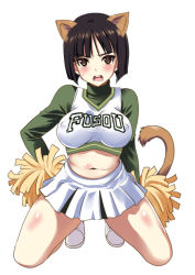Rule 34 | 1girl, animal ears, black hair, blush, body blush, breasts, brown eyes, cheerleader, covered erect nipples, embarrassed, etou toshiko, hand on own hip, kneeling, kyogoku shin, large breasts, looking at viewer, midriff, navel, open mouth, pom pom (cheerleading), shirt, short hair, simple background, skirt, solo, strike witches, strike witches zero, sweatdrop, tail, taut clothes, taut shirt, white background, world witches series