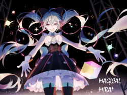 Rule 34 | 1girl, :d, aqua eyes, aqua hair, bad id, bad pixiv id, black background, black thighhighs, commentary, copyright name, cowboy shot, gloves, hair between eyes, hatsune miku, high-waist skirt, lococo:p, long hair, looking at viewer, magical mirai (vocaloid), magical mirai miku, magical mirai miku (2016), open mouth, skirt, smile, solo, standing, thighhighs, twintails, very long hair, vocaloid, white gloves
