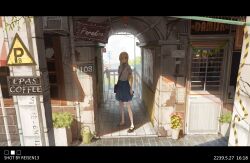 Rule 34 | 1girl, absurdres, artist name, black footwear, blonde hair, blue ribbon, blue skirt, brick floor, collared shirt, commentary, dated, door, english commentary, highres, letterboxed, long hair, mary janes, neck ribbon, original, plant, potted plant, reisen13, ribbon, scenery, school uniform, shadow, shirt, shoes, short sleeves, skirt, solo, standing, utility pole, watering can, white shirt