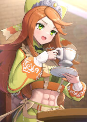 Rule 34 | 1girl, abs, absurdres, bow, commentary request, crop top, cup, etie (fire emblem), fire emblem, fire emblem engage, gonzarez, green bow, green eyes, green shirt, green skirt, hair bow, highres, holding, holding cup, indoors, long hair, long sleeves, midriff, navel, nintendo, open mouth, orange hair, saucer, shirt, skirt, skirt set, solo, stomach, teacup, tiara, upper body, very long hair