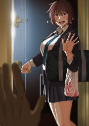 Rule 34 | 1girl, :d, bag, black bean, black skirt, blazer, blue neckwear, blush, breasts, brown hair, collared shirt, commentary request, condom box, door, dress shirt, hair between eyes, highres, indoors, jacket, large breasts, looking at viewer, loose necktie, necktie, okamoto condoms, open clothes, open jacket, open mouth, opening door, original, pleated skirt, pov, red eyes, school bag, shirt, shopping bag, short hair, skirt, smile, solo focus, thighs, waving, white shirt