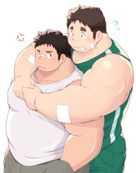 Rule 34 | 2boys, 3c pan (izumipan3), absurdres, anger vein, annoyed, bandaid, bandaid on face, bandaid on nose, bara, bare arms, belly, brown hair, couple, covered erect nipples, facial hair, fat, fat man, flying sweatdrops, from side, green tank top, hiding, hiding behind another, highres, hug, hug from behind, large pectorals, male focus, multiple boys, muscular, muscular male, obese, original, pectorals, scared, short hair, sideburns stubble, sideways glance, stubble, tank top, tearing up, thick eyebrows, white tank top, yaoi
