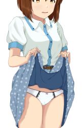 Rule 34 | 1girl, absurdres, blue skirt, bob cut, bow, bow panties, brown eyes, brown hair, clothes lift, commentary, embarrassed, frilled panties, frills, hagiwara yukiho, hair between eyes, head out of frame, highres, honokakao, idolmaster, idolmaster (classic), lifted by self, light blush, looking ahead, midriff peek, panties, parted lips, pink bow, polka dot, polka dot skirt, puffy short sleeves, puffy sleeves, shirt, short hair, short sleeves, simple background, skirt, skirt lift, solo, underwear, wavy mouth, white background, white panties, white shirt