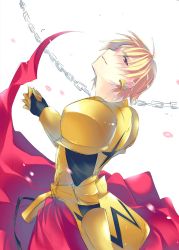 Rule 34 | 1boy, armor, chain, earrings, enkidu (weapon) (fate), fate/stay night, fate (series), gilgamesh (fate), head tilt, jewelry, male focus, parted lips, red eyes, short hair, smile, solo, to kachan
